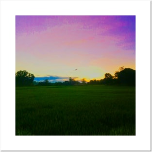 Rainbow Sky, Orange Sunset and Green Fields Posters and Art